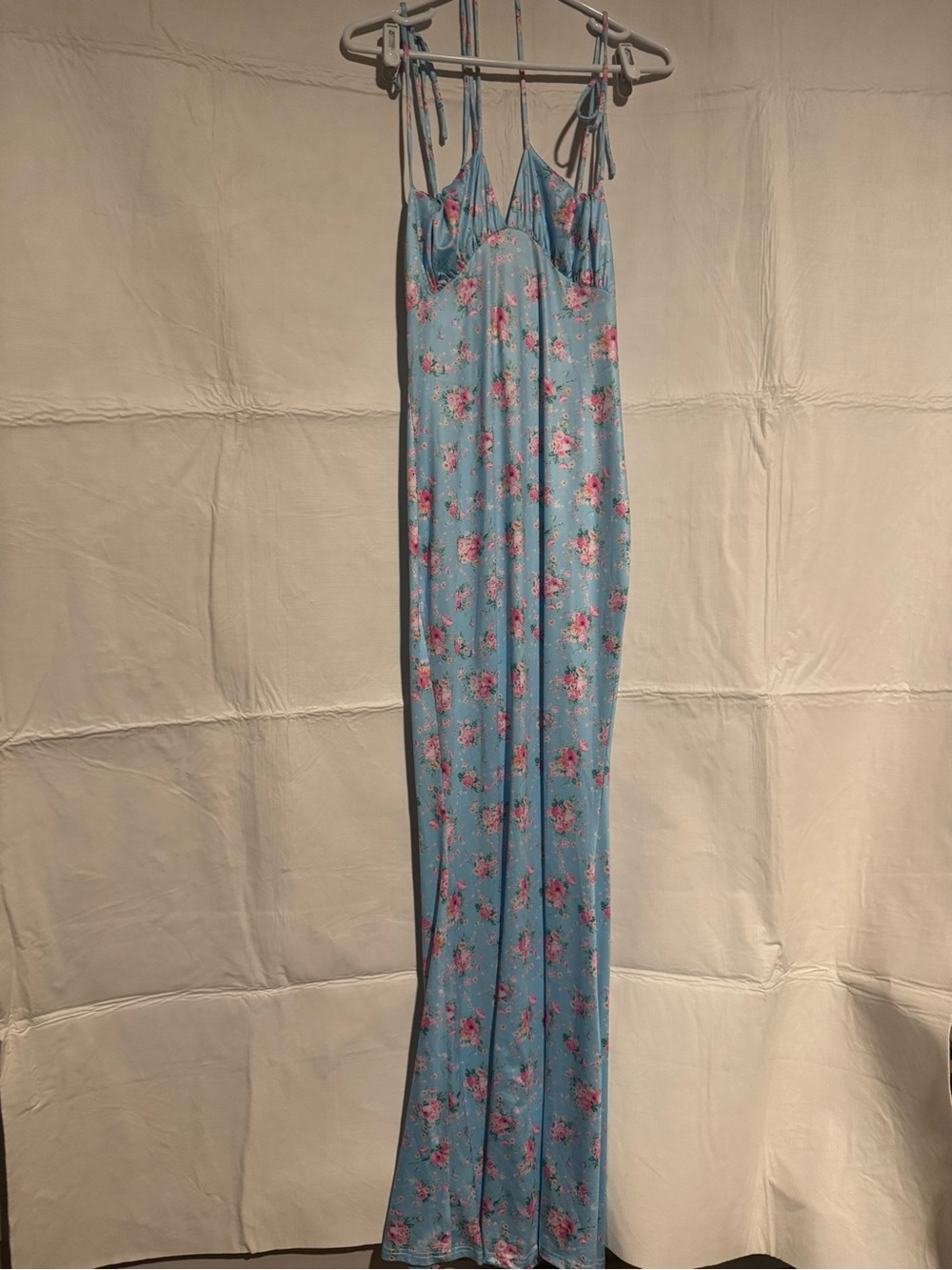 Blue Floral Maxi Slip Dress with Tie Straps - Women